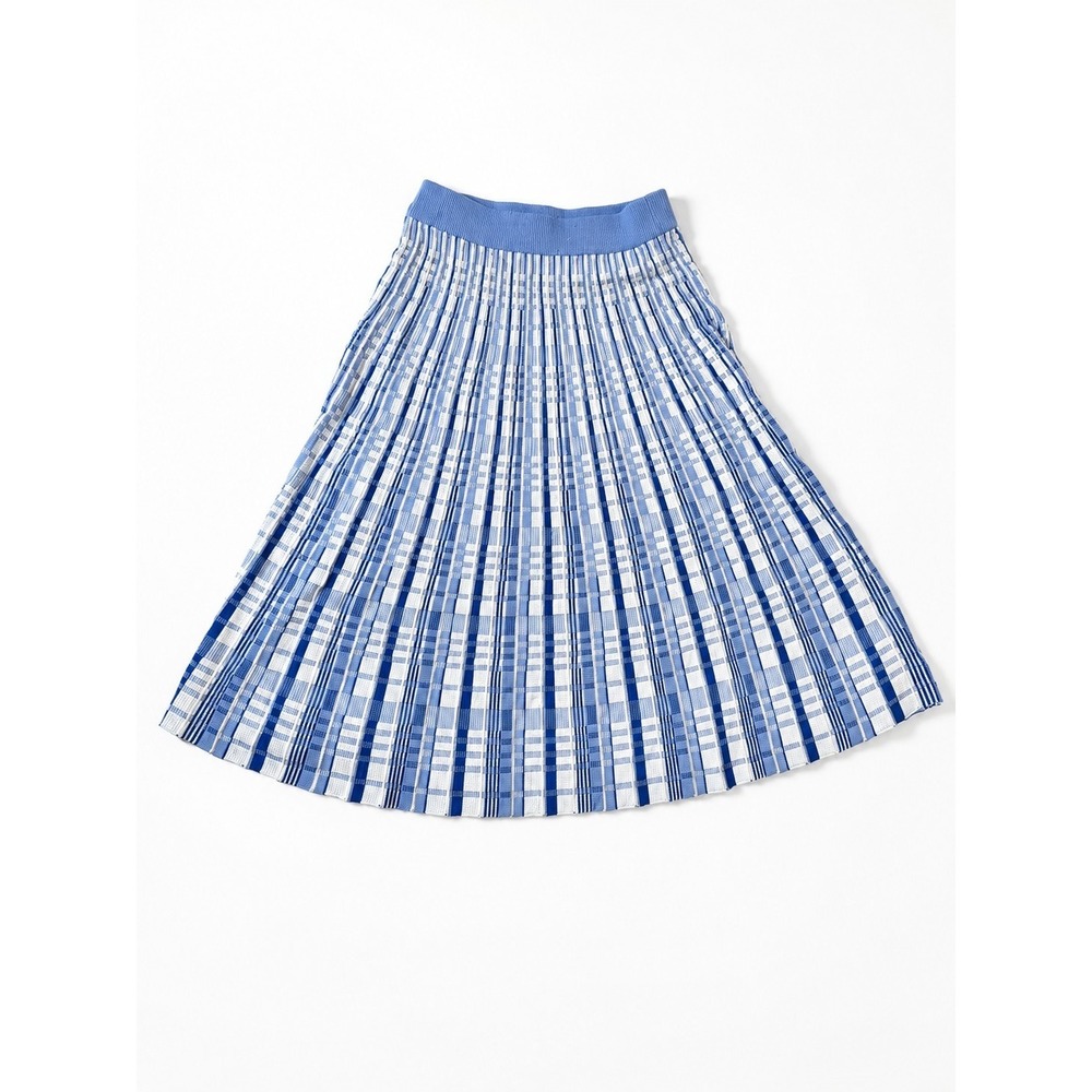 NWT Banana Republic Blue White Plaid Pleated Knit A-Line Midi Skirt XS